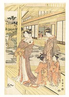 Courtesan and Attendants on a Veranda Overlooking a Garden, woodblock print, ink and color on paper