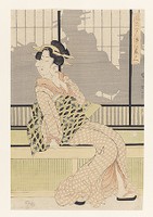 Three Fashionable Beauties Cooling Off in the Evening, woodblock print, ink and color on paper