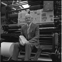 Jim Hawthorne, editor of Mourne Observer, at a traditional printing press