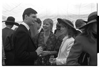 Leonora, Countess of Lichfield, and Lavinia Baird of Belle Island, County Fermanagh at a wedding, Fermanagh