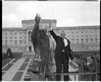 Ian Paisley beside statue of Sir Edward Carson and statue alone, Stormont building, Belfast