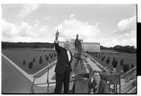 Ian Paisley beside statue of Sir Edward Carson, Stormont building, Belfast