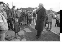 Ian Paisley using a loud-hailer to address workers at a Killyleagh factory