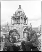 Sammy Wilson with Sam McAughtry on roof of Belfast City Hall, Belfast