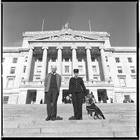 PC Heather Lissett Day, Royal Ulster Constabulary (RUC) dog handler, with Dean Godson, journalist with Daily Telegraph