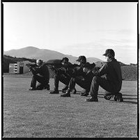 Royal Ulster Constabulary (RUC) weapons training, officers aiming at targets, Ballykinlar Army Camp, Downpatrick, County Down