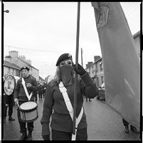 Sinn Fein protest, marchers, Republican bands, and Martin Meehan, protesting the name &quot;Roddy McCorley bridge,&quot; Toomebridge, County Antrim